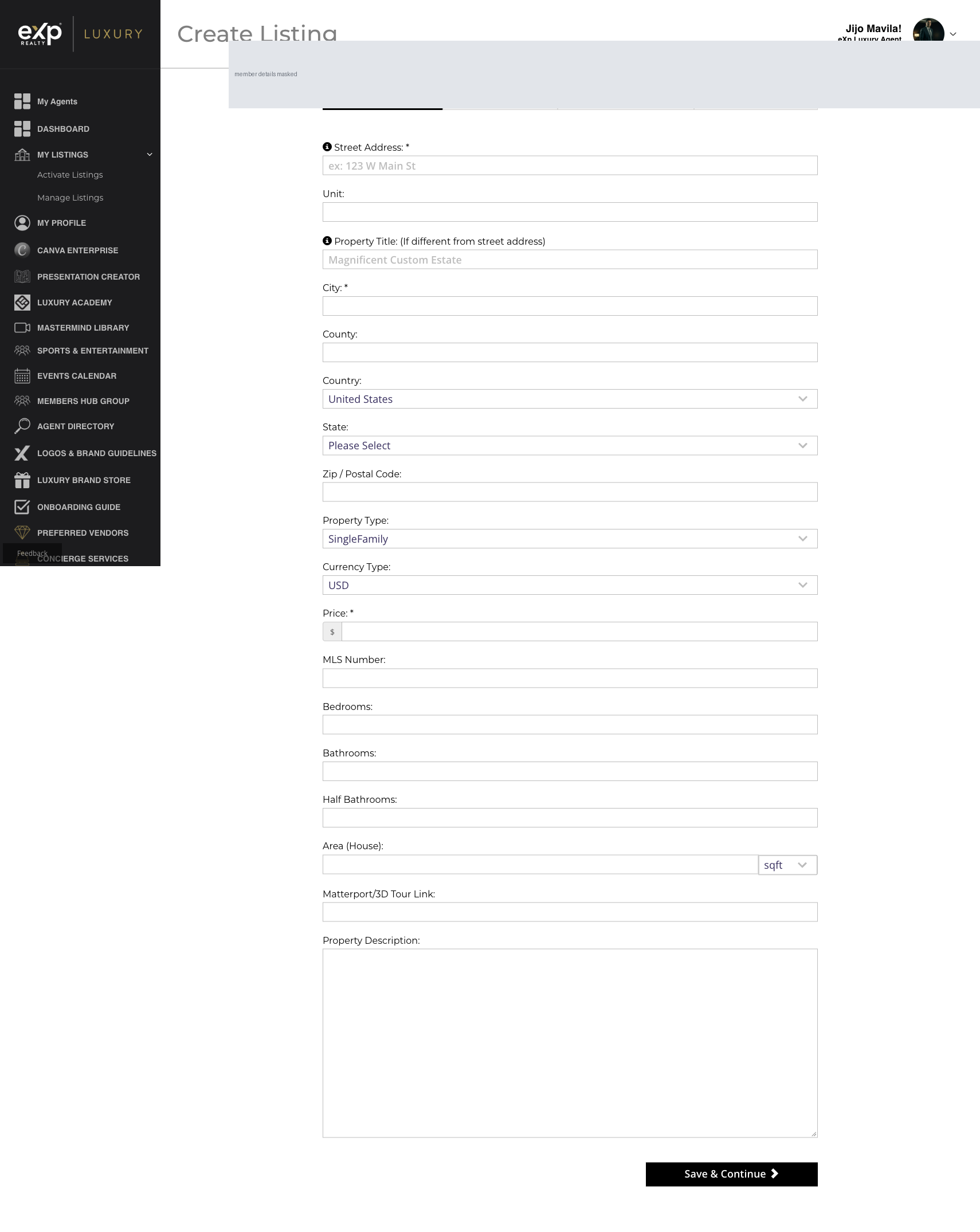 Create Listing, first of four tabs, live capture 28 September 2026.