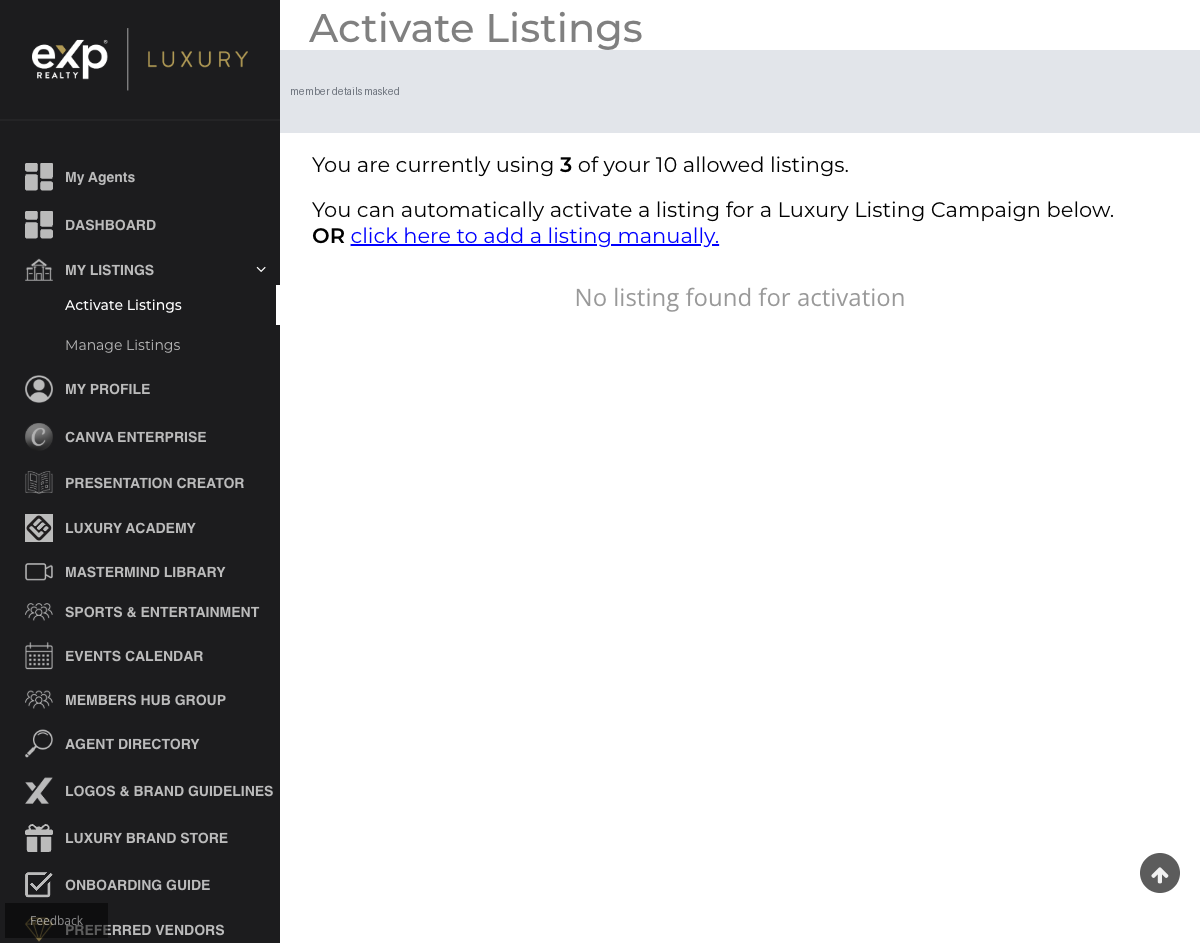 Activate Listings, live capture 28 September 2026. The page states three of ten listings are in use and that a listing can be activated below, then reports that none was found.