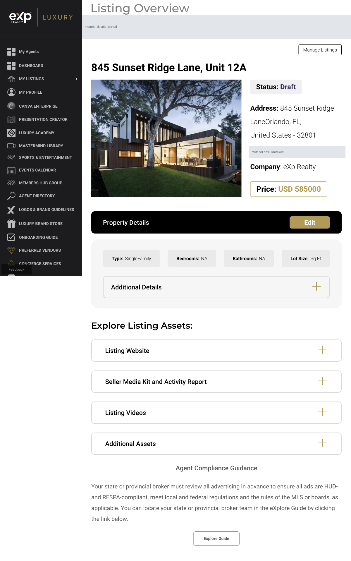 Listing Overview for a Draft listing, live capture 28 September 2026. Status reads Draft. The only actions are Edit and Manage Listings.