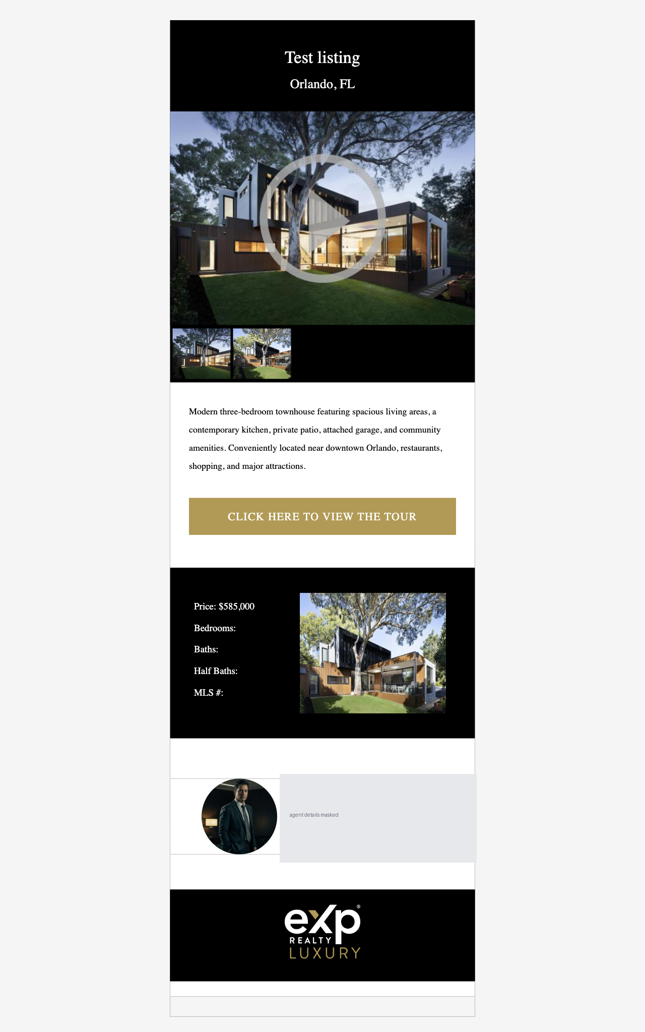 The eXp Luxury email brochure the platform generates for a listing, previewed 28 September 2026. The template design is strong. Price shows, but Bedrooms, Baths, Half Baths and MLS number are all blank, and the agent block below carried placeholder contact details, masked here.